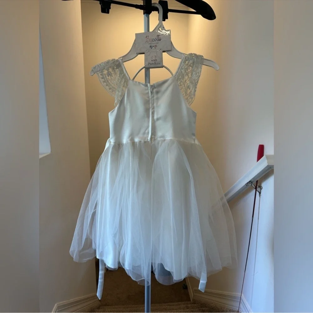 Biscotti Flower Girl White Dress with Lace Shoulders & Matching Bow Headband